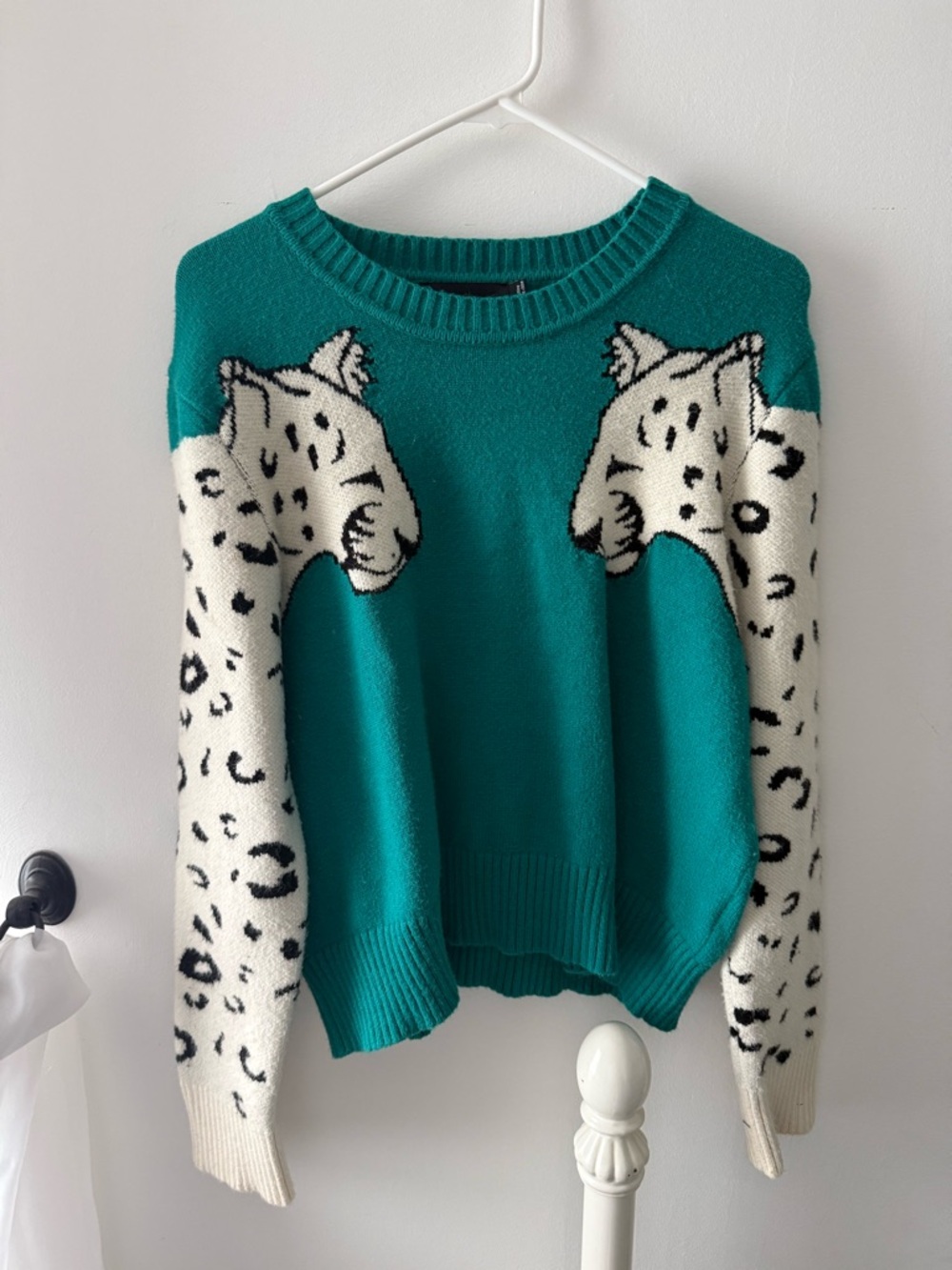MINKPINK Teal Crewneck Sweater with Cream Leopard-Print Sleeves